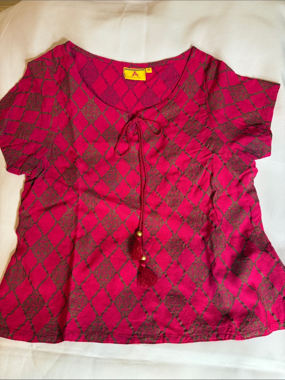 Anthropologie Magenta Lattice Tie-Neck Short Sleeve Blouse